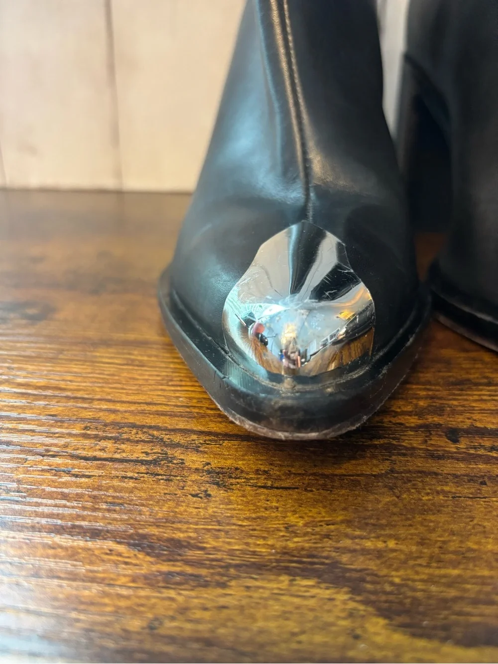 SCHUTZ Black Leather Ankle Boots with Silver Toe Cap